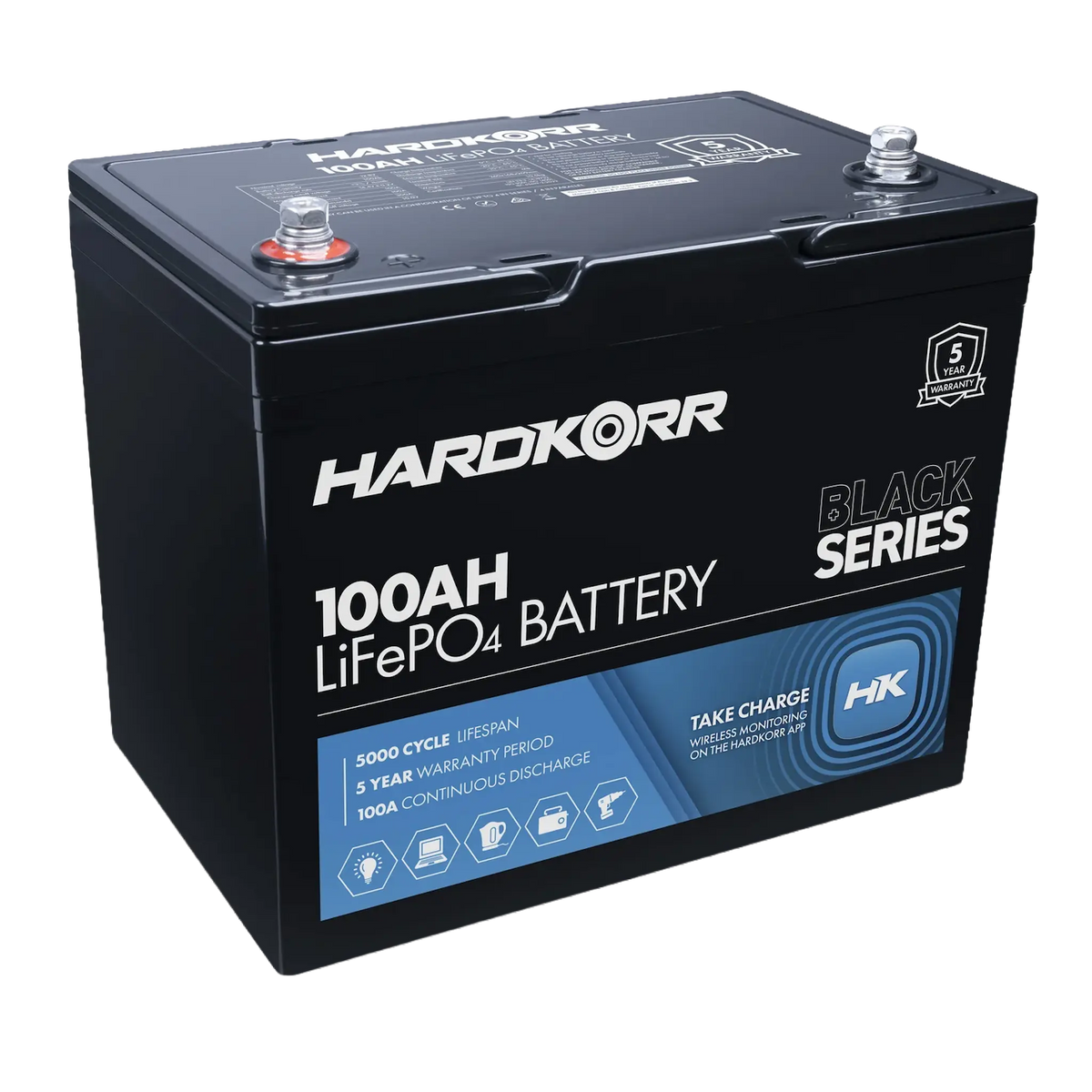 Hardkorr Black 100Ah 12V lithium battery angled top view with terminal posts and front label.