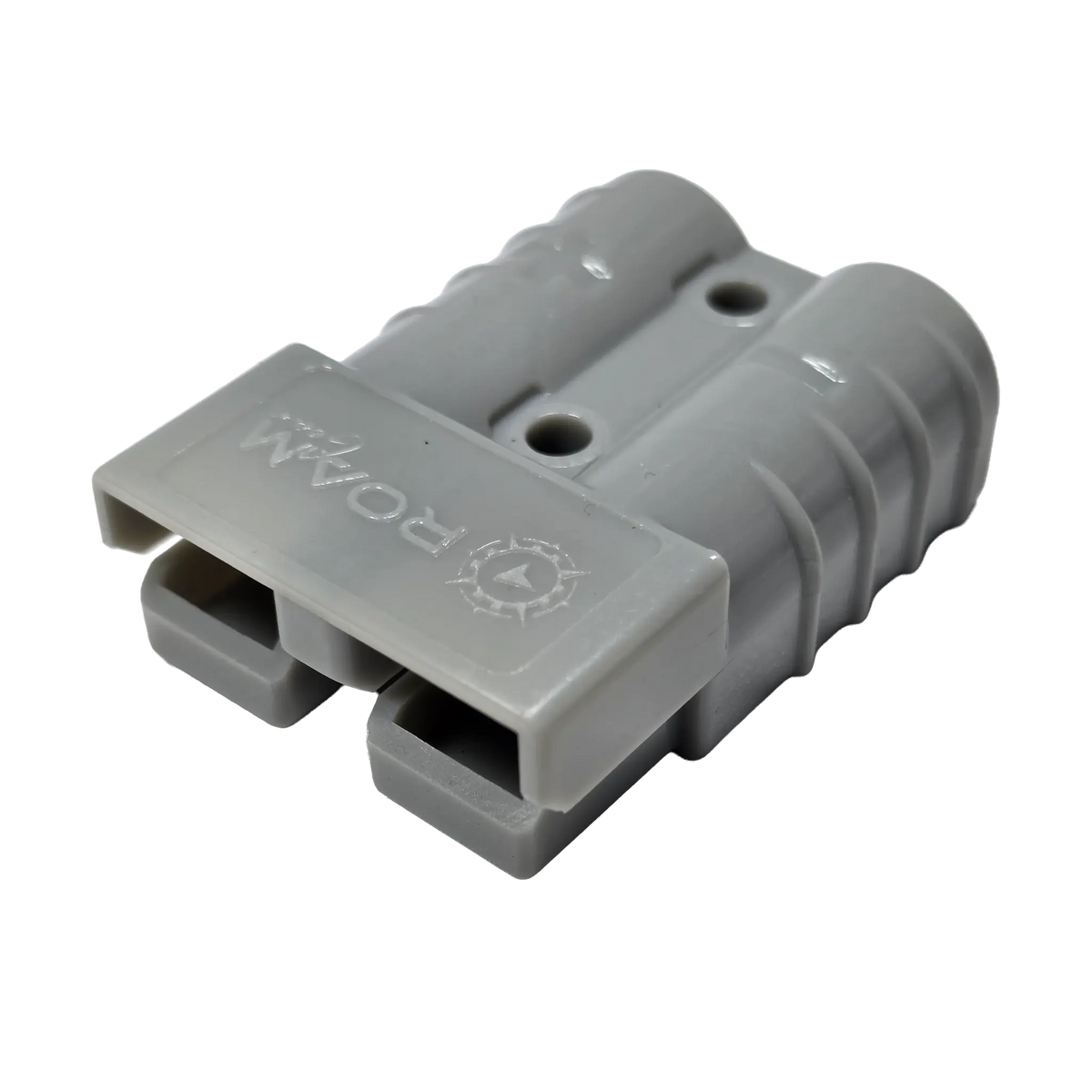 Roam Gear grey 50A Anderson plug in a front right view with the moulded logo and twin connector openings.