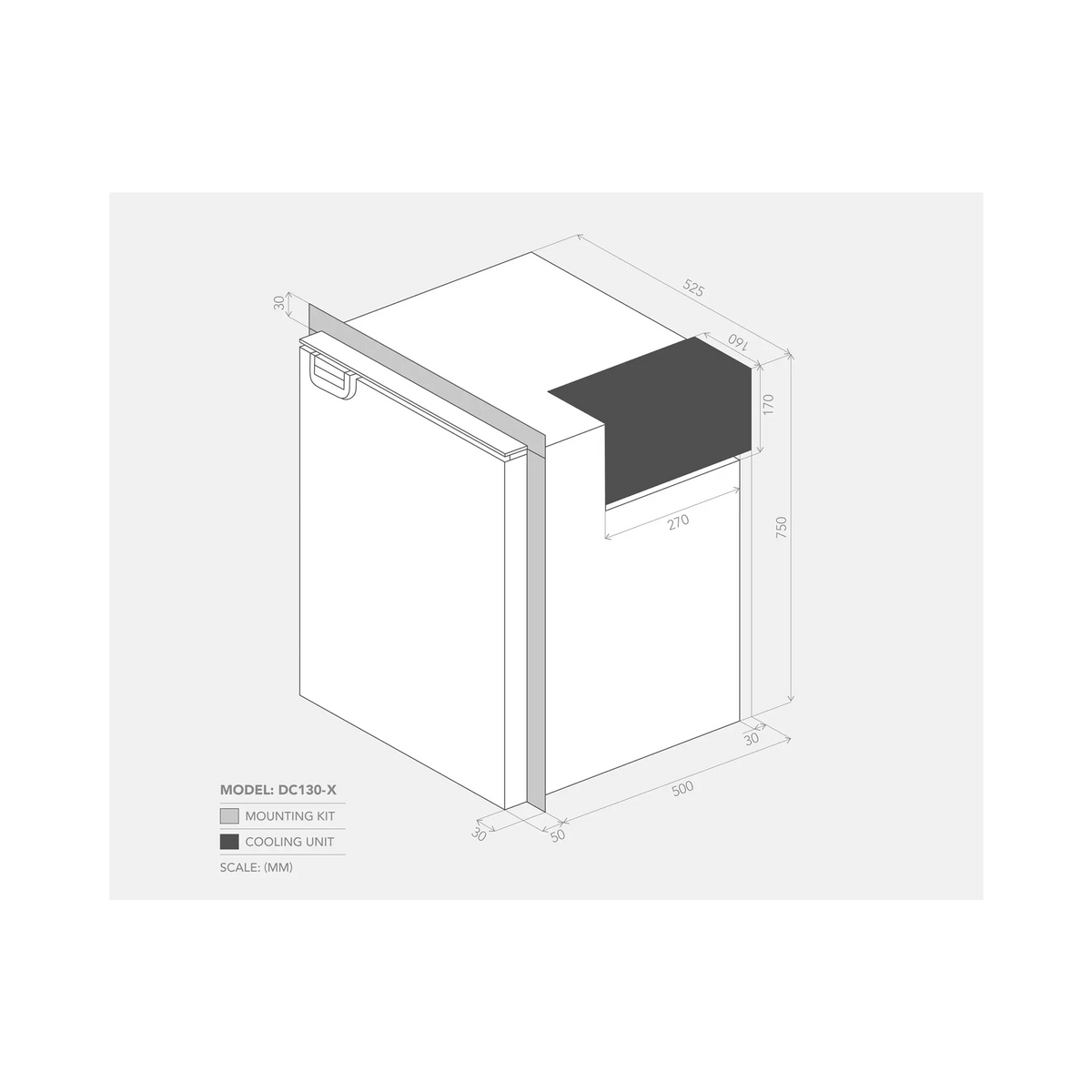 Bushman 130L upright fridge dimension drawing with mounting frame measurements and a shaded rear cooling unit.