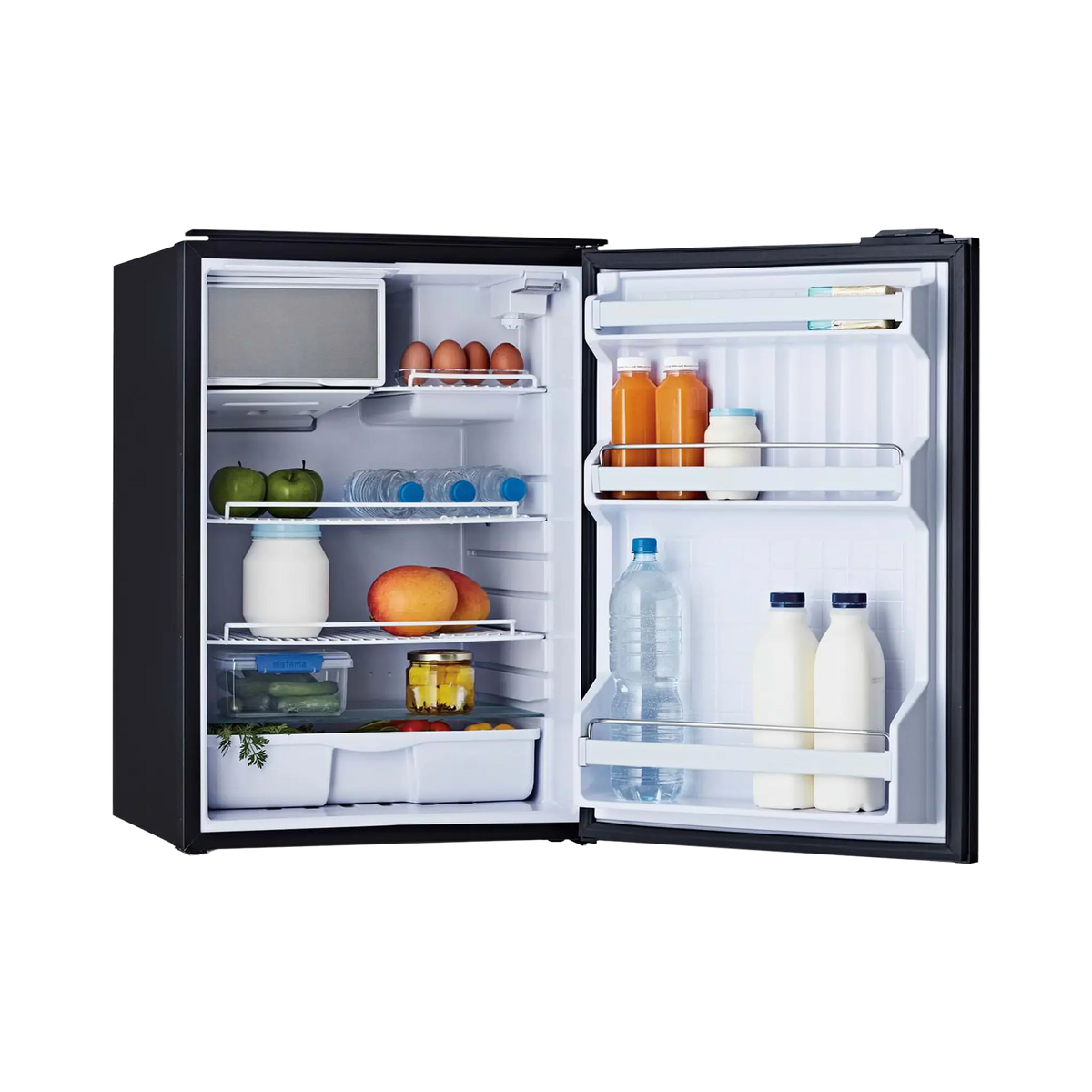Bushman 130L black upright fridge fully open with stocked shelves, door racks and an upper freezer compartment.