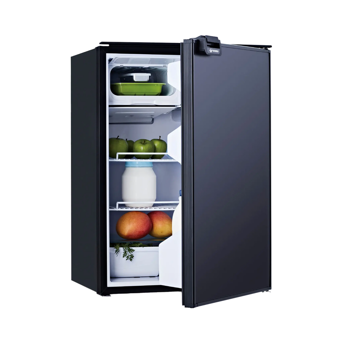 Bushman 130L black upright fridge with its door partly open and food visible on the shelves.