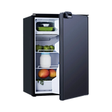 Bushman 130L black upright fridge with its door partly open and food visible on the shelves.