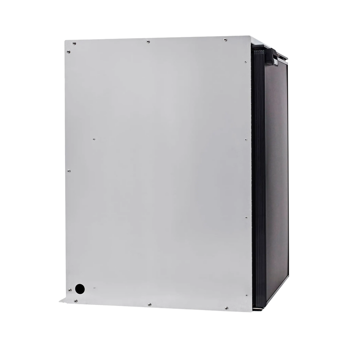 Bushman 130L aluminium fridge box left side view with a plain panel and circular cable opening.