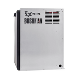 Bushman 130L aluminium fridge box right side view with vent slots and cutout logos beside a black fridge door.