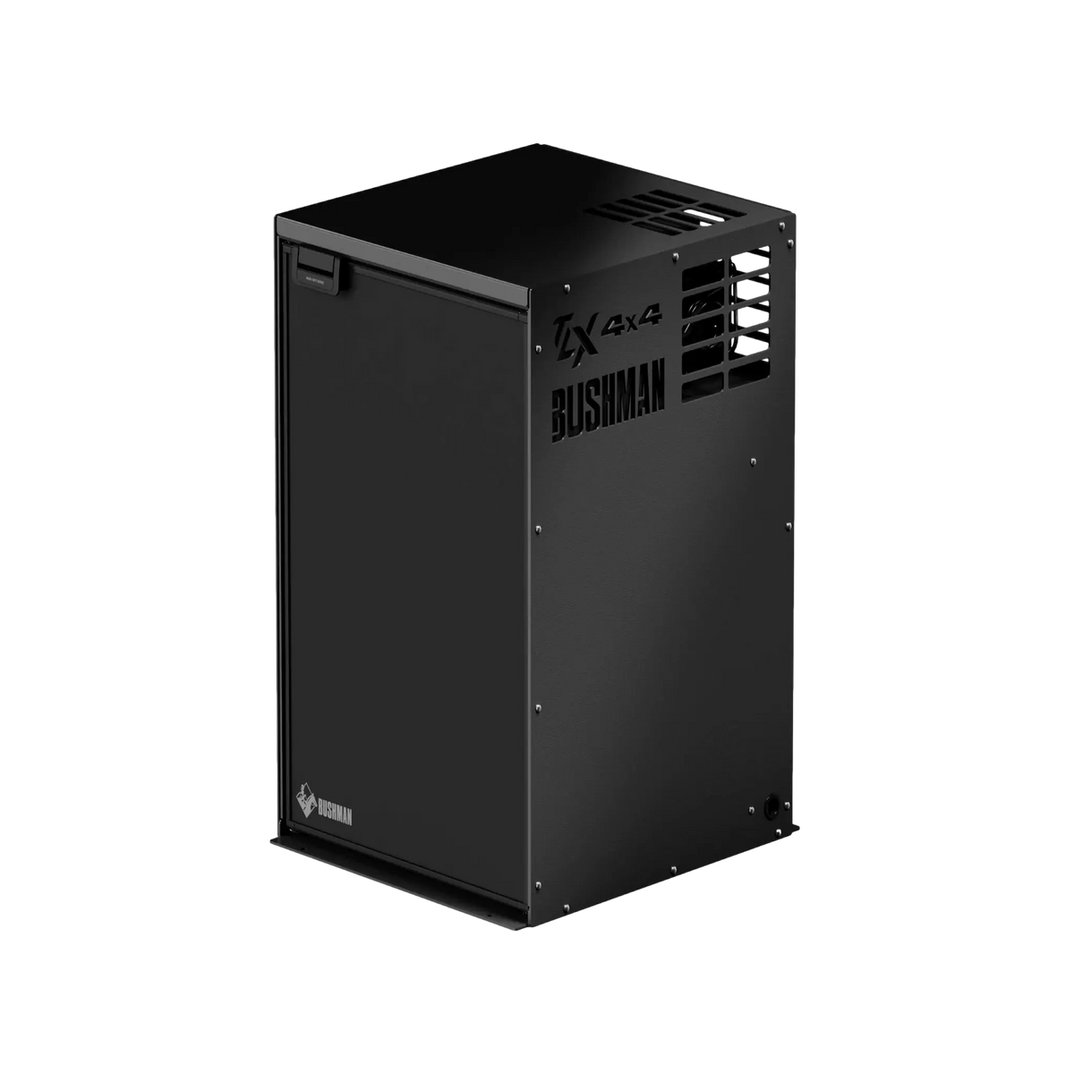 Bushman 130L Black Edition Fridge Box open angle view with front logo and vent.