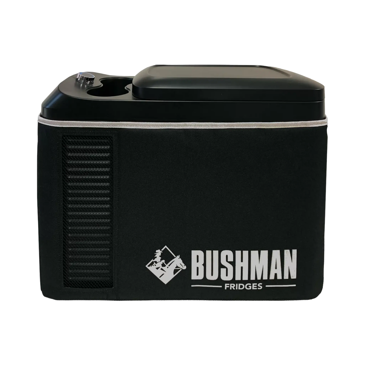 Bushman Roadie 15L portable fridge freezer side view with a white logo, ventilation slots and carry bag.