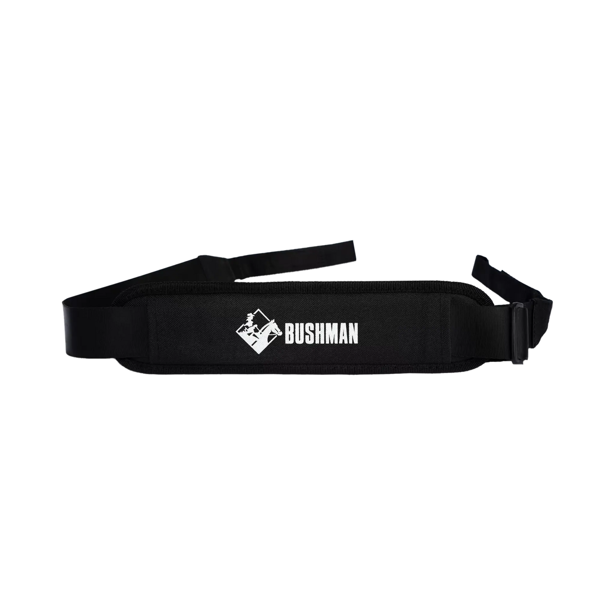 Black padded shoulder strap for the Bushman Roadie 15L portable fridge freezer, with white branding.
