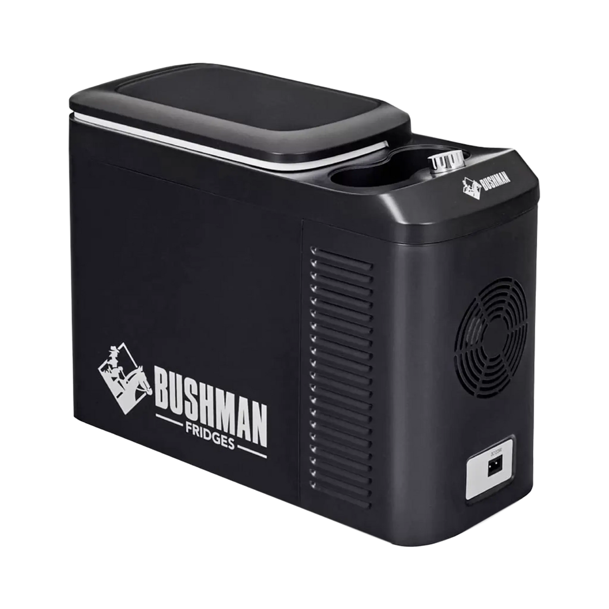Bushman Roadie 15L portable fridge freezer in an angled view with a closed lid, side vents and round fan grille.