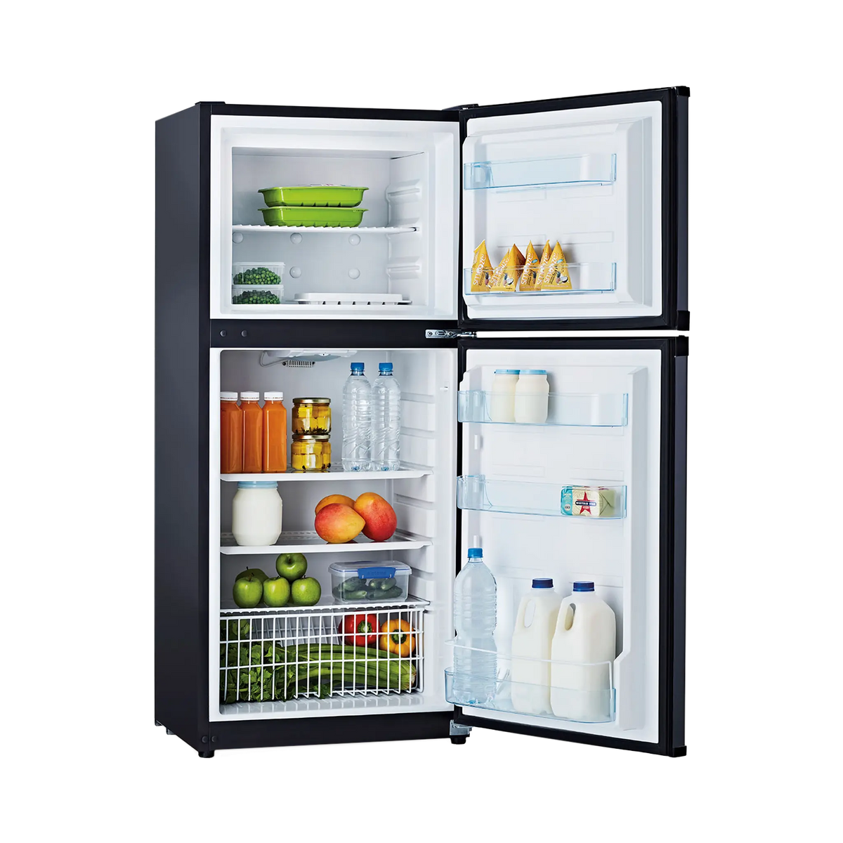 Bushman 190L black upright fridge fully open with an upper freezer, stocked shelves and door racks.