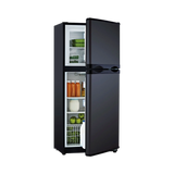 Bushman 190L black upright fridge with both doors partly open and food visible inside.