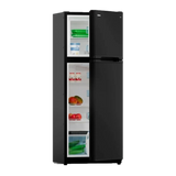 Bushman 225L black upright fridge front view with doors partly open to show interior shelves.
