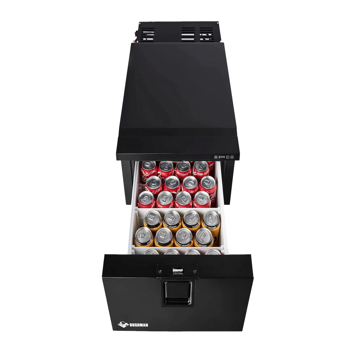 Bushman DF30-HD drawer fridge freezer front view with drawer open and cans inside.