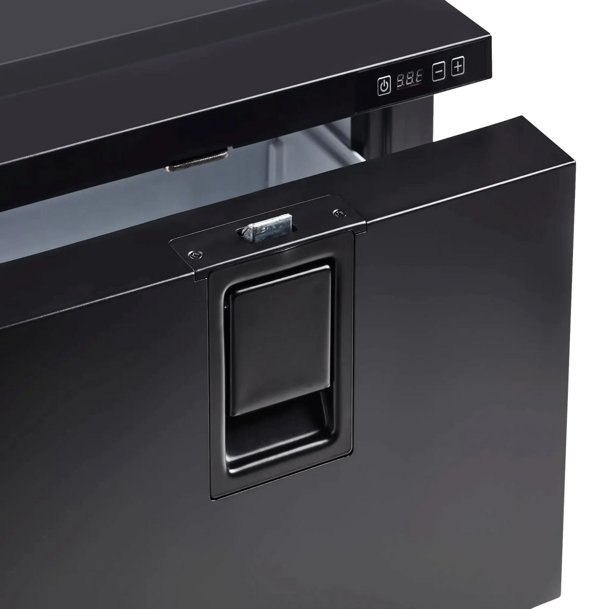 Bushman DF30-HD drawer fridge freezer handle and latch close-up.