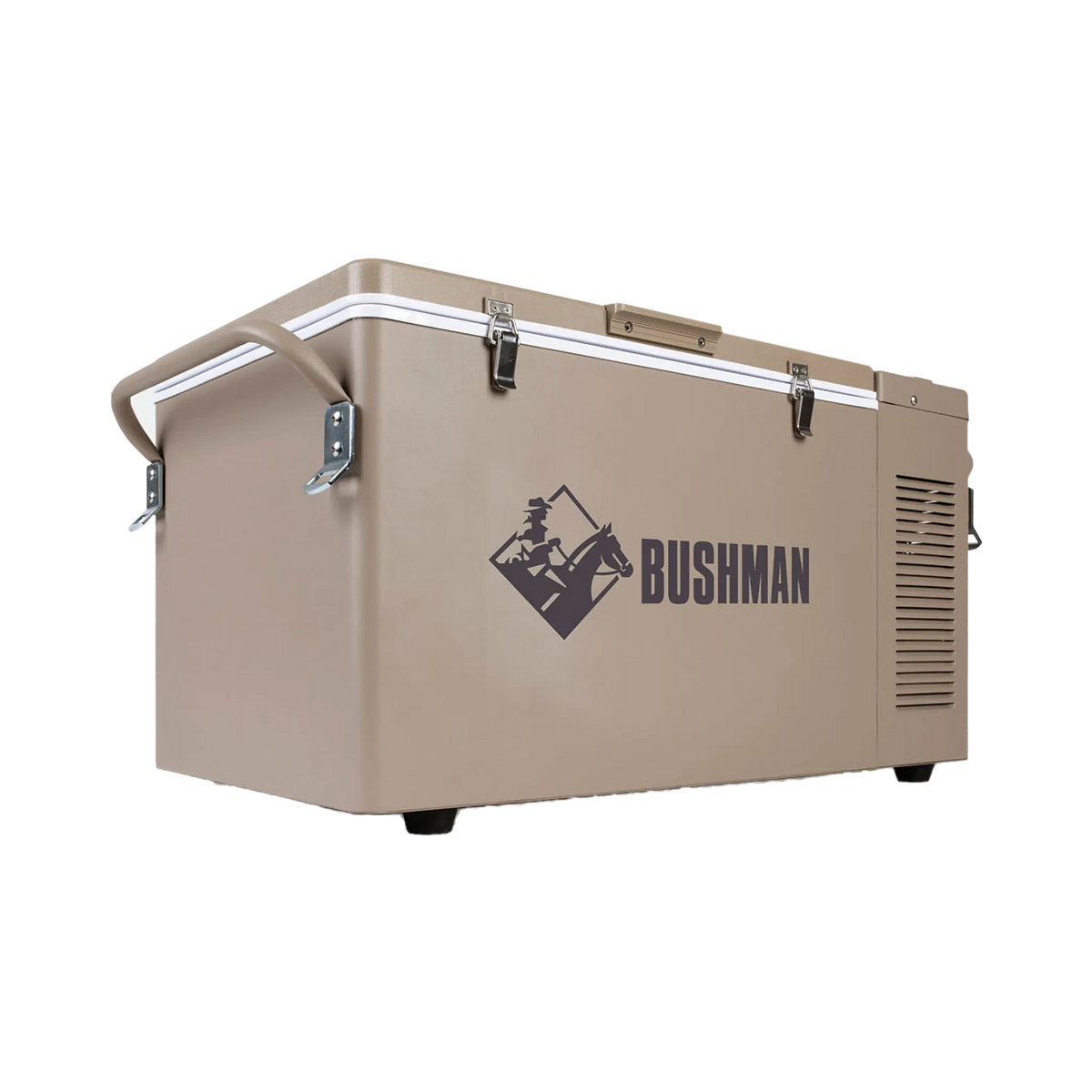 Bushman SC35 35L portable fridge freezer front left view with carrying handles, lid latches and ventilation slots.