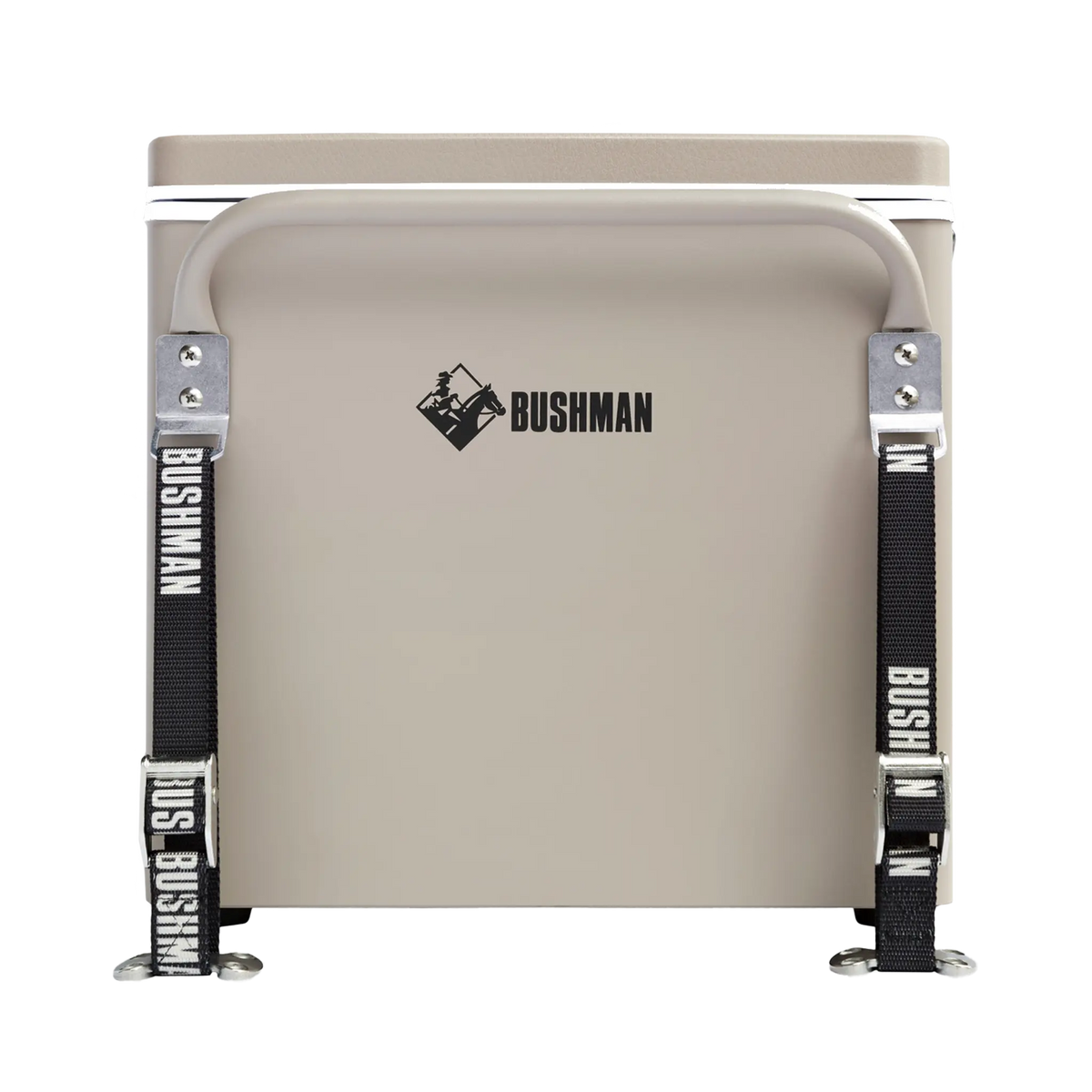 Bushman SC35 35L portable fridge freezer end view with a carrying handle and two black tie down straps.