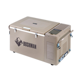 Bushman SC35 35L portable fridge freezer front right view with the lid closed and digital control panel visible.