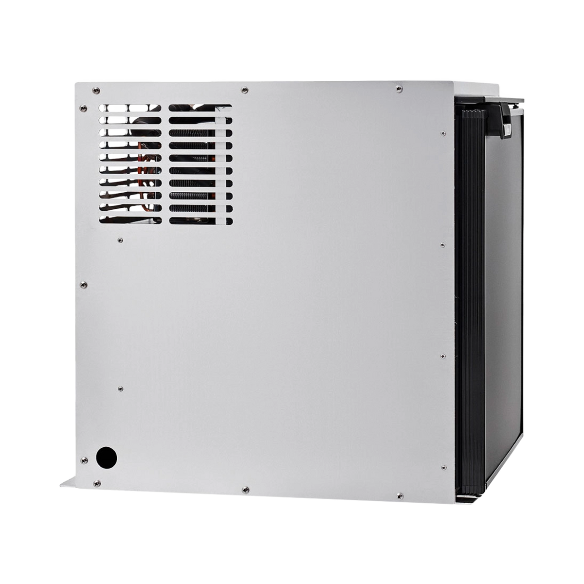 Bushman 65L aluminium fridge box left side view with ventilation slots and a circular cable opening.