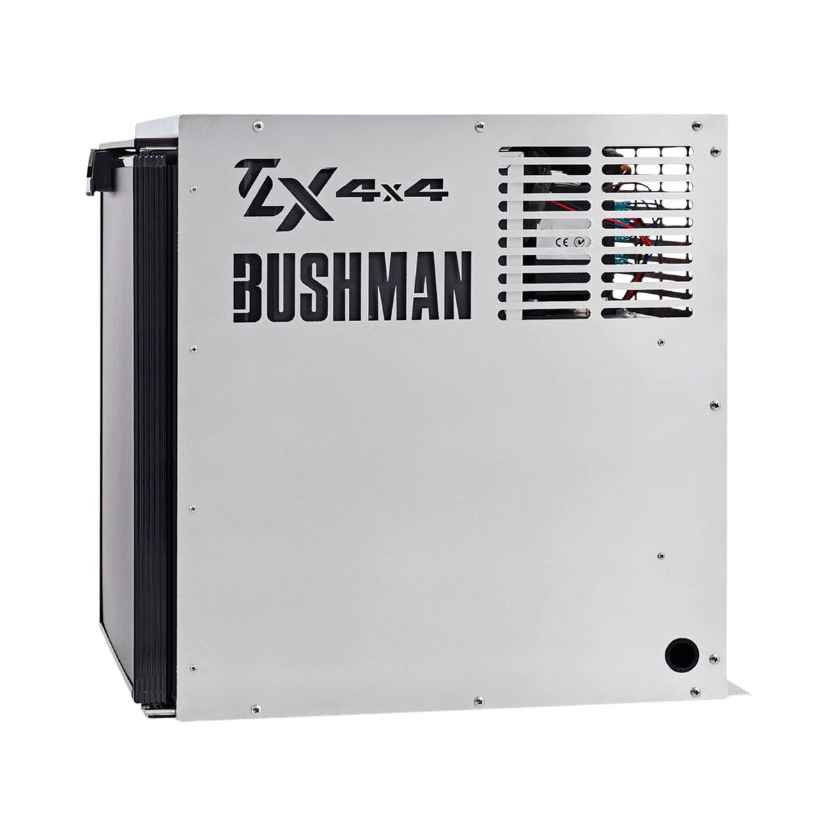 Bushman 65L aluminium fridge box right side view with vent slots and cutout logos beside a black fridge door.