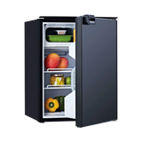 Bushman 85L black upright fridge with its door partly open and food visible on the shelves.