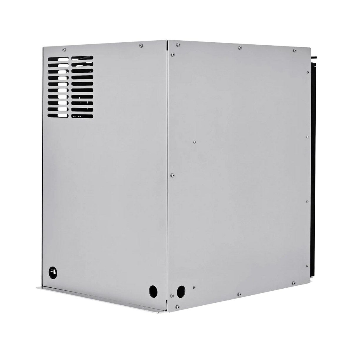 Bushman 85L aluminium fridge box rear angled view with a plain side panel and cable openings along the base.