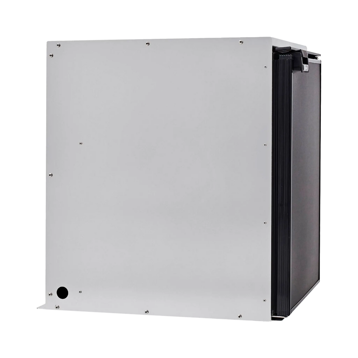 Bushman 85L aluminium fridge box left side view with a plain panel and circular cable opening.