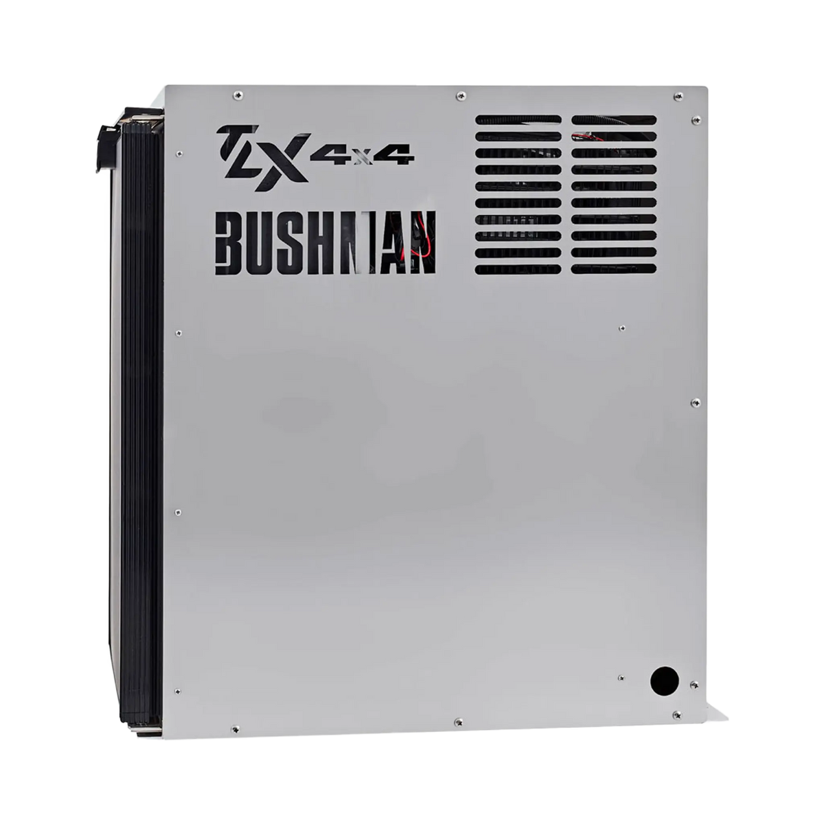 Bushman 85L aluminium fridge box right side view with vent slots and cutout logos beside a black fridge door.