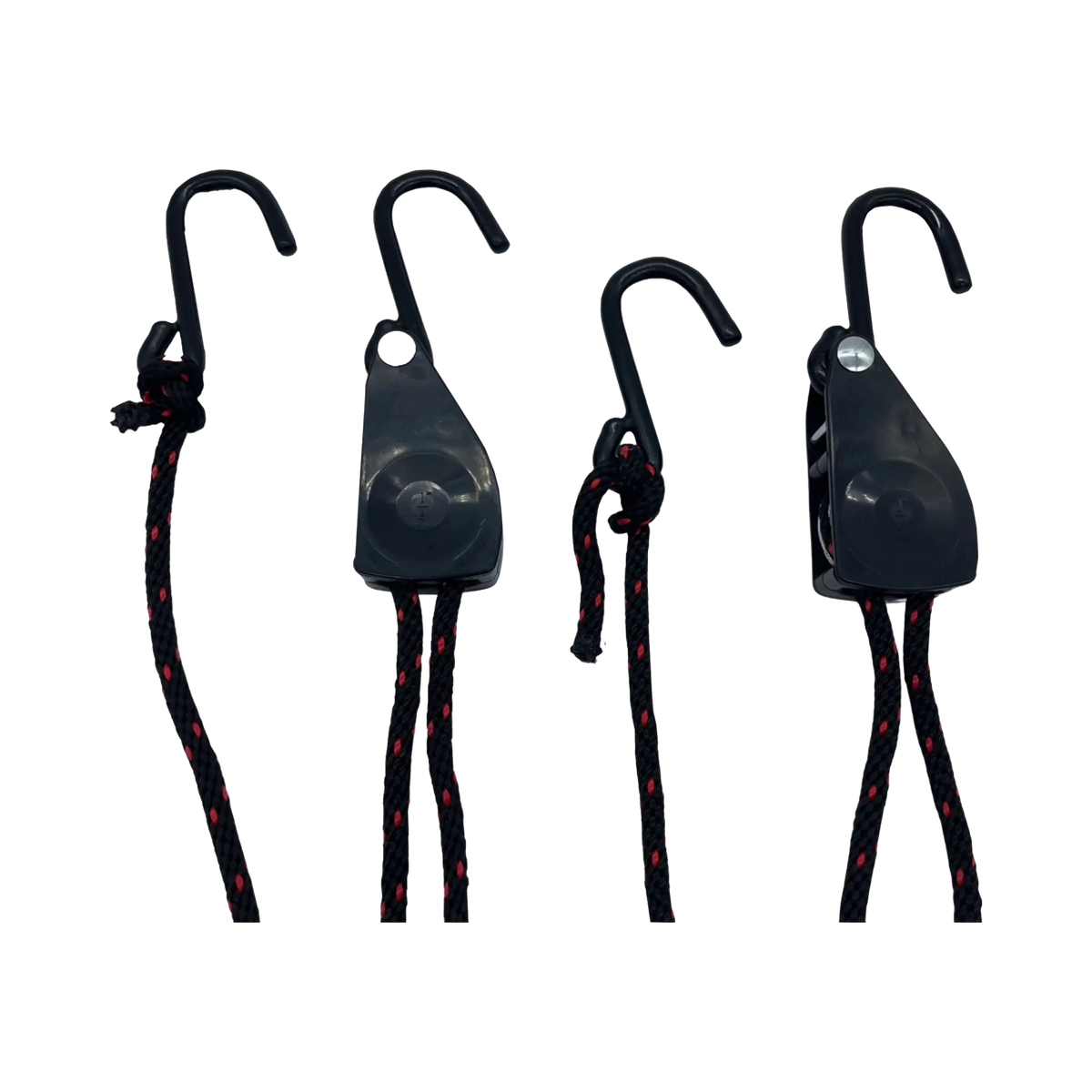 Bushwakka awning ratchet strap pair laid out with four hooks, black ratchets and black cord with red flecks.
