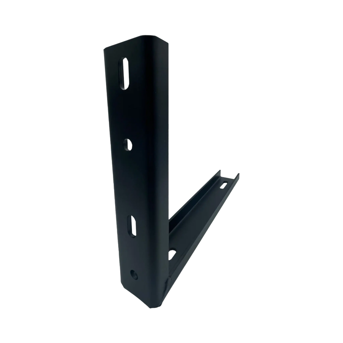 Bushwakka standard awning L bracket front angled view with mounting slots and a raised edge along the base.
