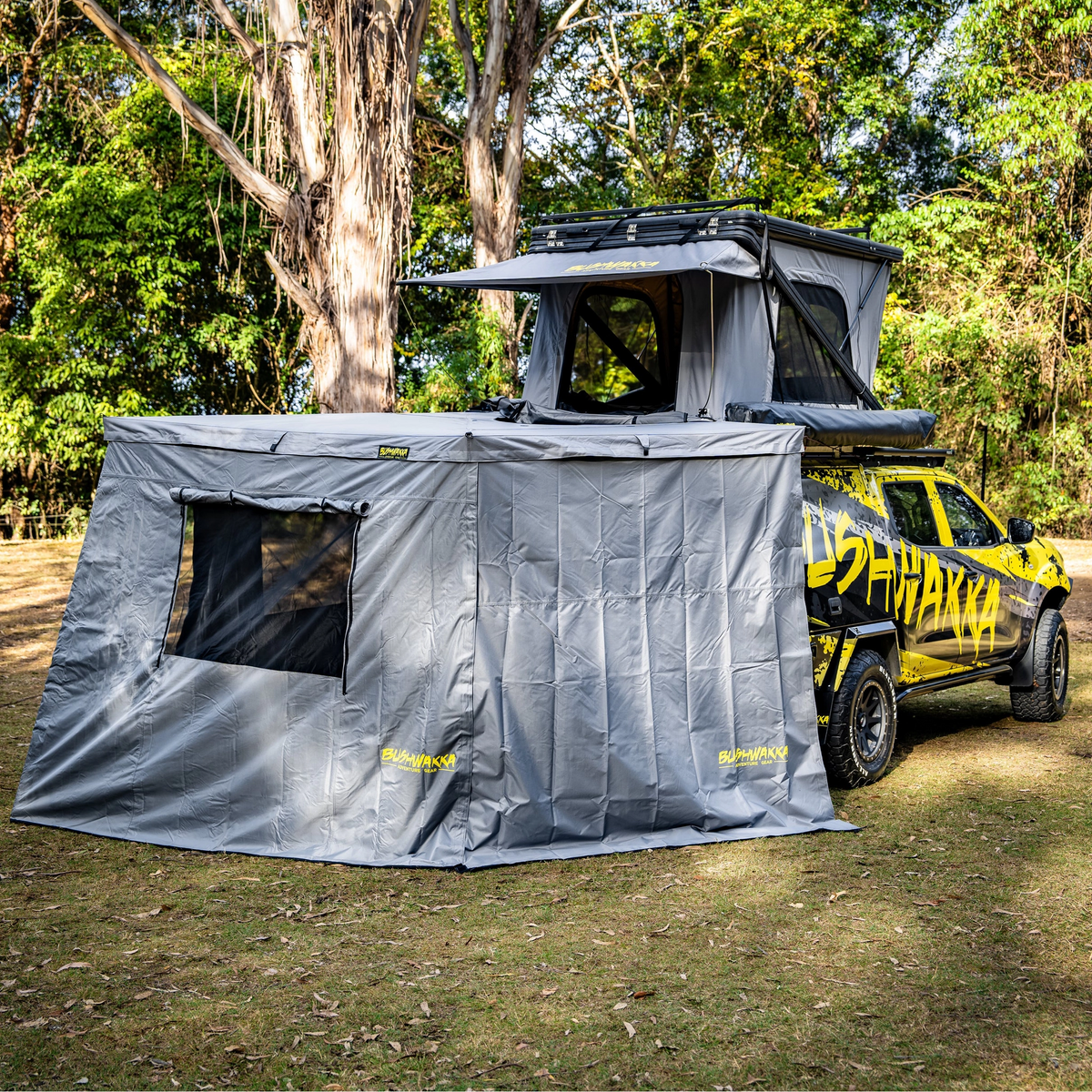 Bushwakka Extreme Darkness awning wall kit rear angled view enclosing the back of a 4WD.