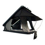 Bushwakka Doghouse rooftop tent rear angled view with open doors and extended rain fly.
