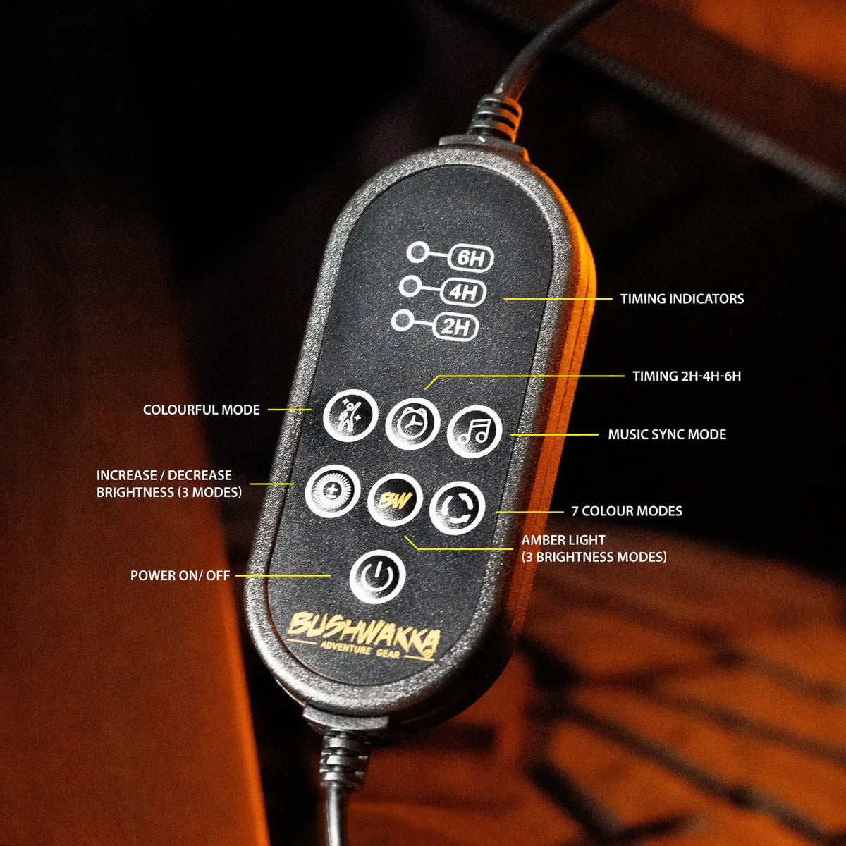 Bushwakka Driver Side XL Squared Pro 270 Awning RGB remote control with labeled buttons.