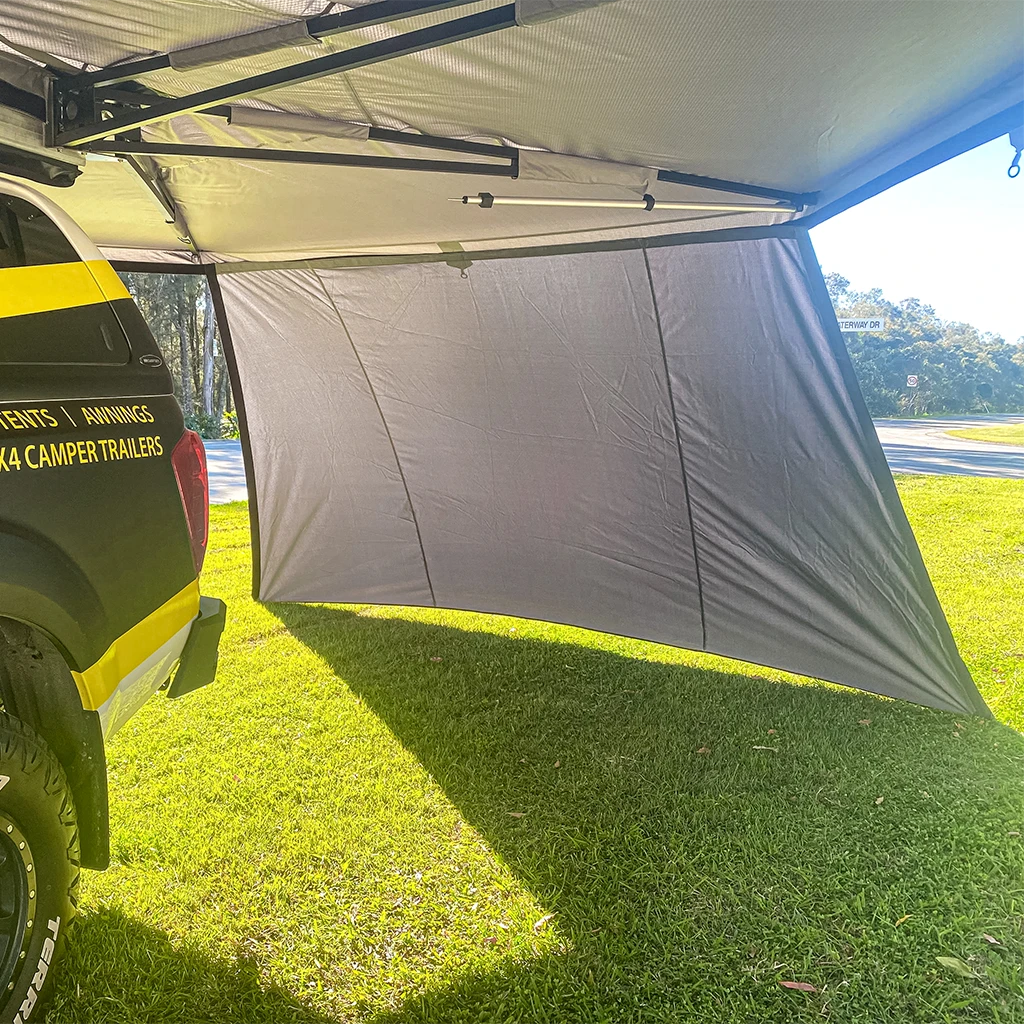 Bushwakka Extreme 180 degree awning wall viewed from under the canopy with roof support arms visible.