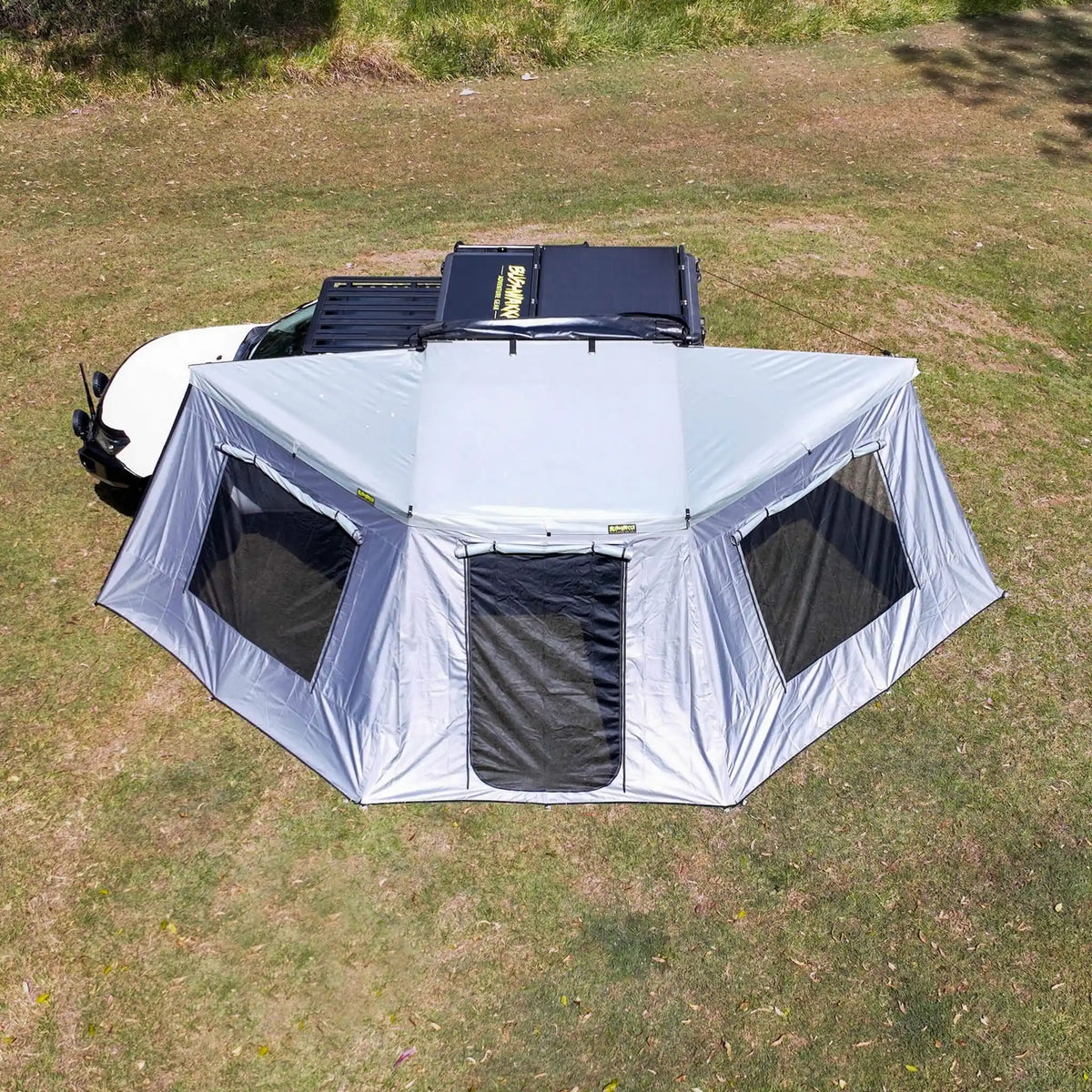 Bushwakka Extreme 180 awning wall kit rear overhead view with doorway and two windows open.