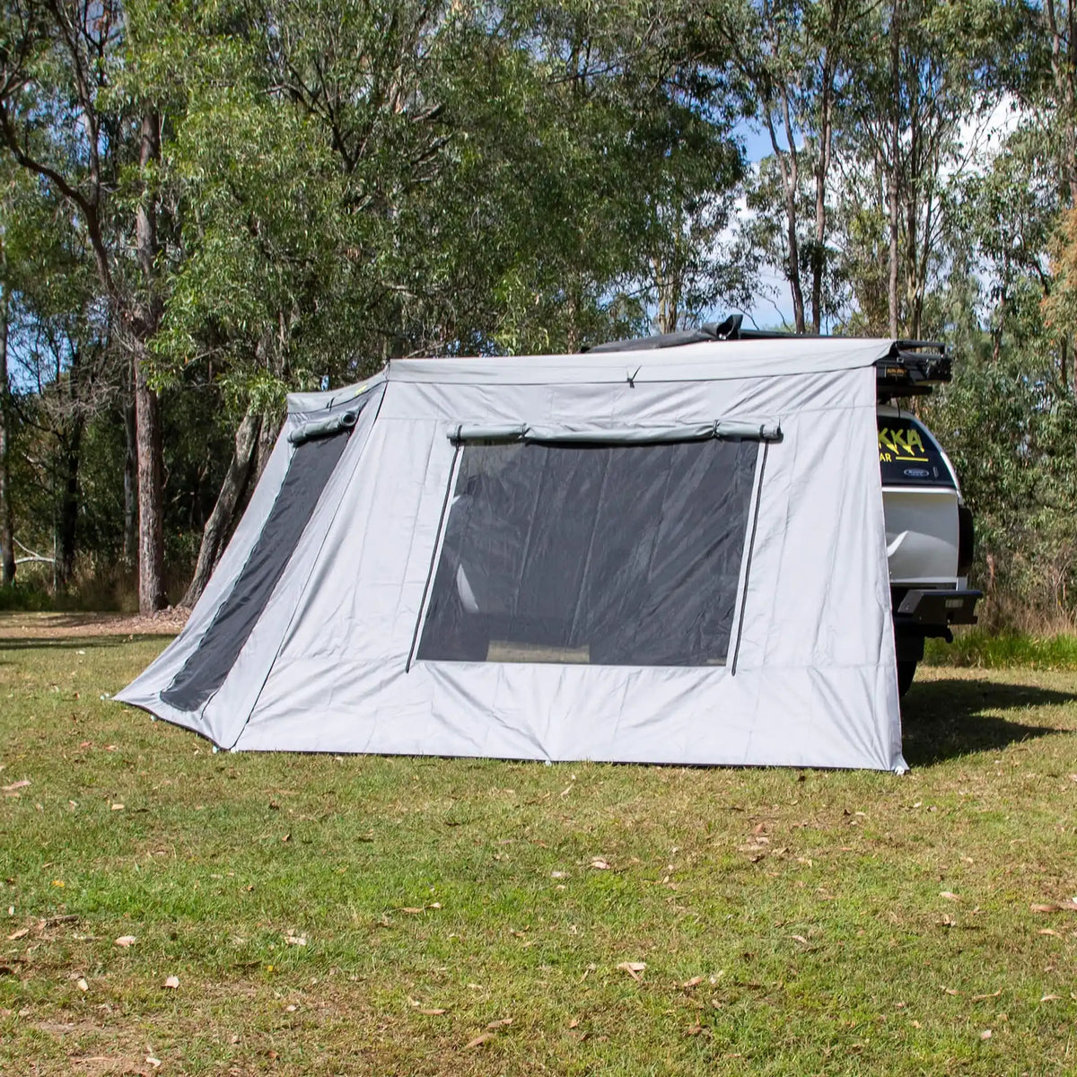 Bushwakka Extreme 180 awning wall kit exterior side view with mesh window open.