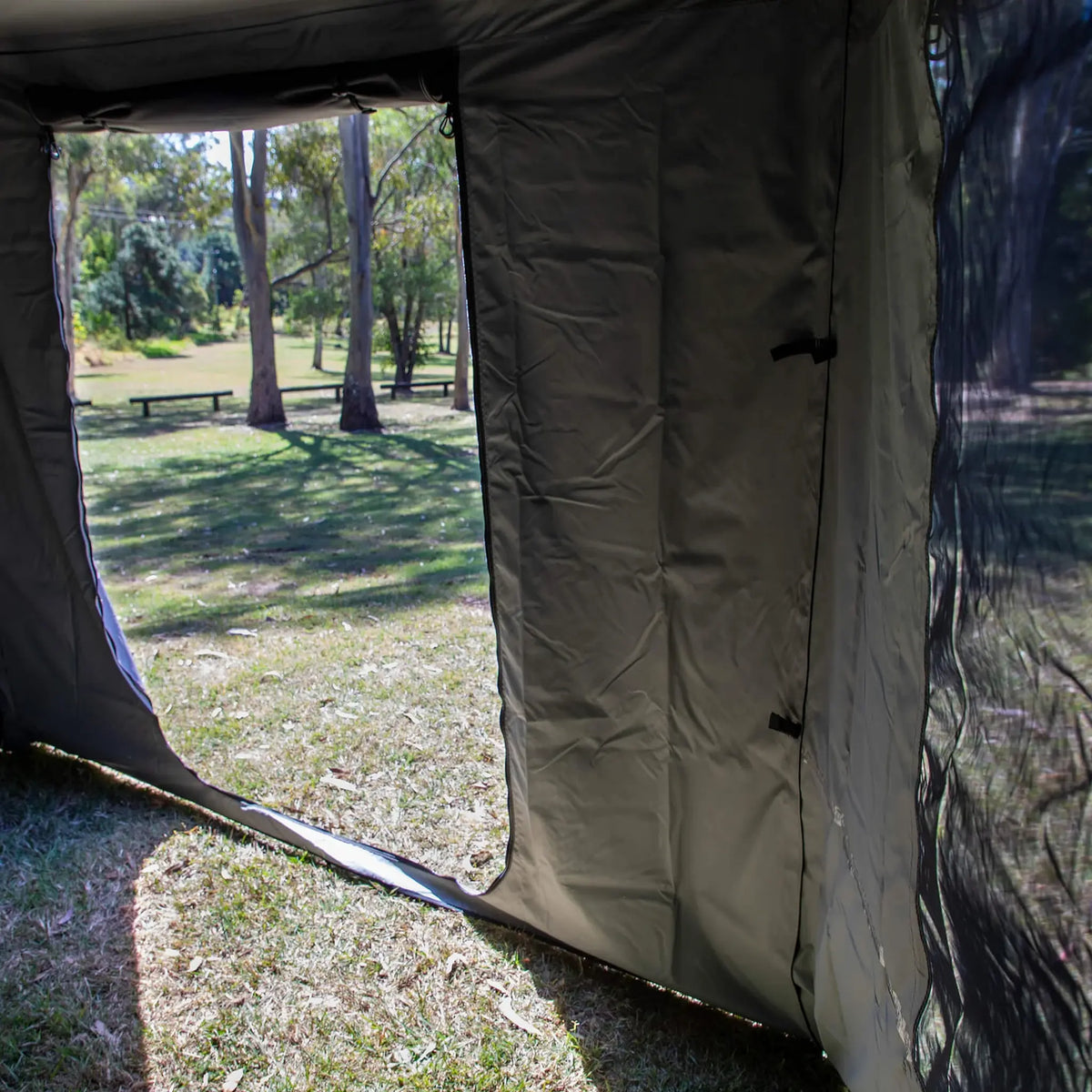 Bushwakka Extreme 270 awning wall kit interior view through the open doorway.