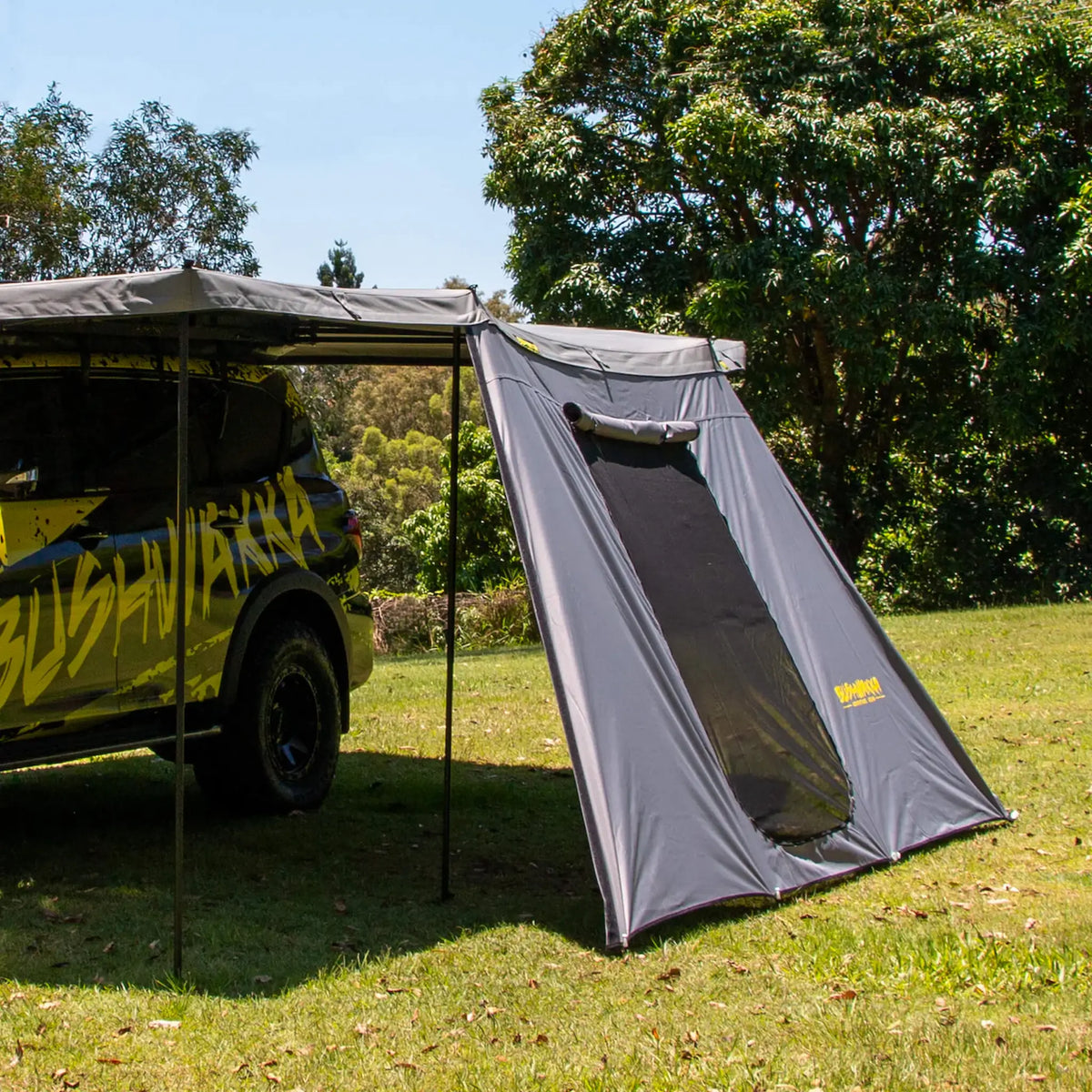 Bushwakka Extreme 270 awning single door wall front side view with the mesh door closed.