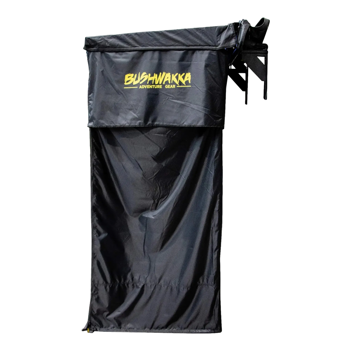 Bushwakka Extreme Shower Ensuite Single side view with black walls and straps hanging from the top.