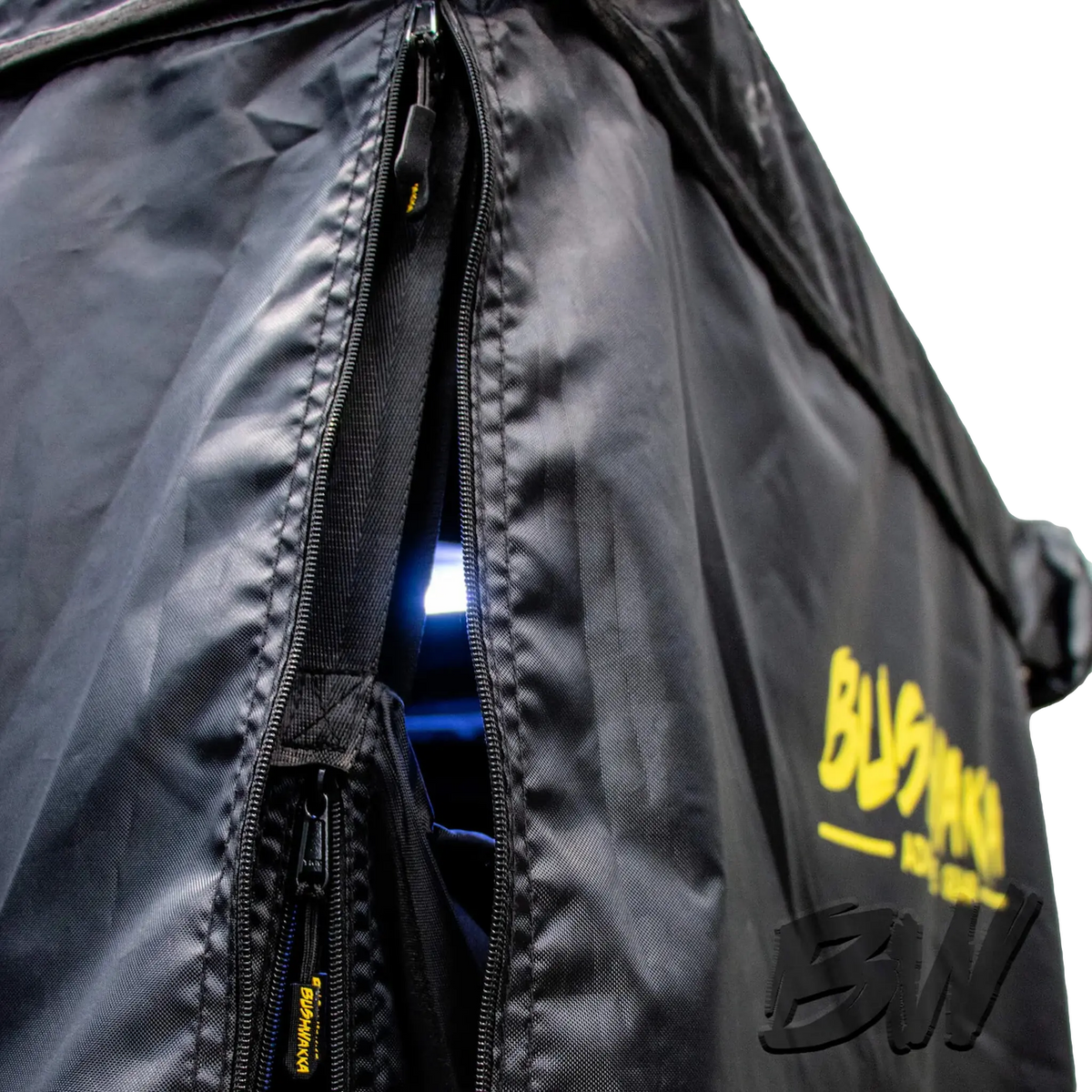 Bushwakka Extreme Shower Ensuite Single doorway zip close up with the illuminated interior visible.