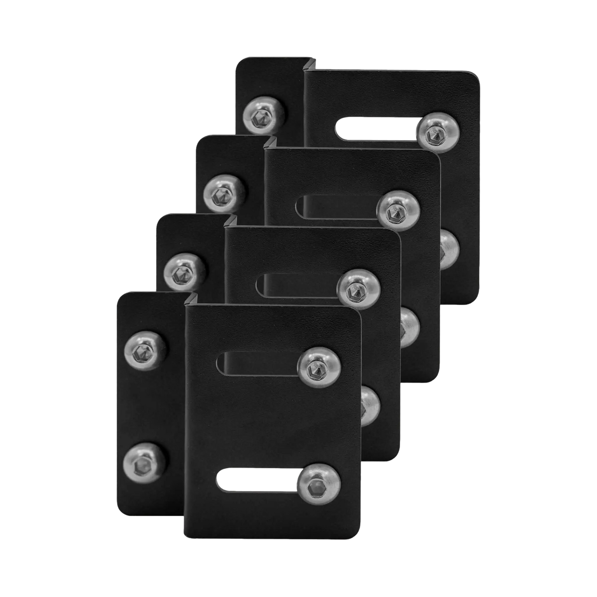 Bushwakka Solar Panel Mounting Plates four black brackets stacked with bolts fitted.