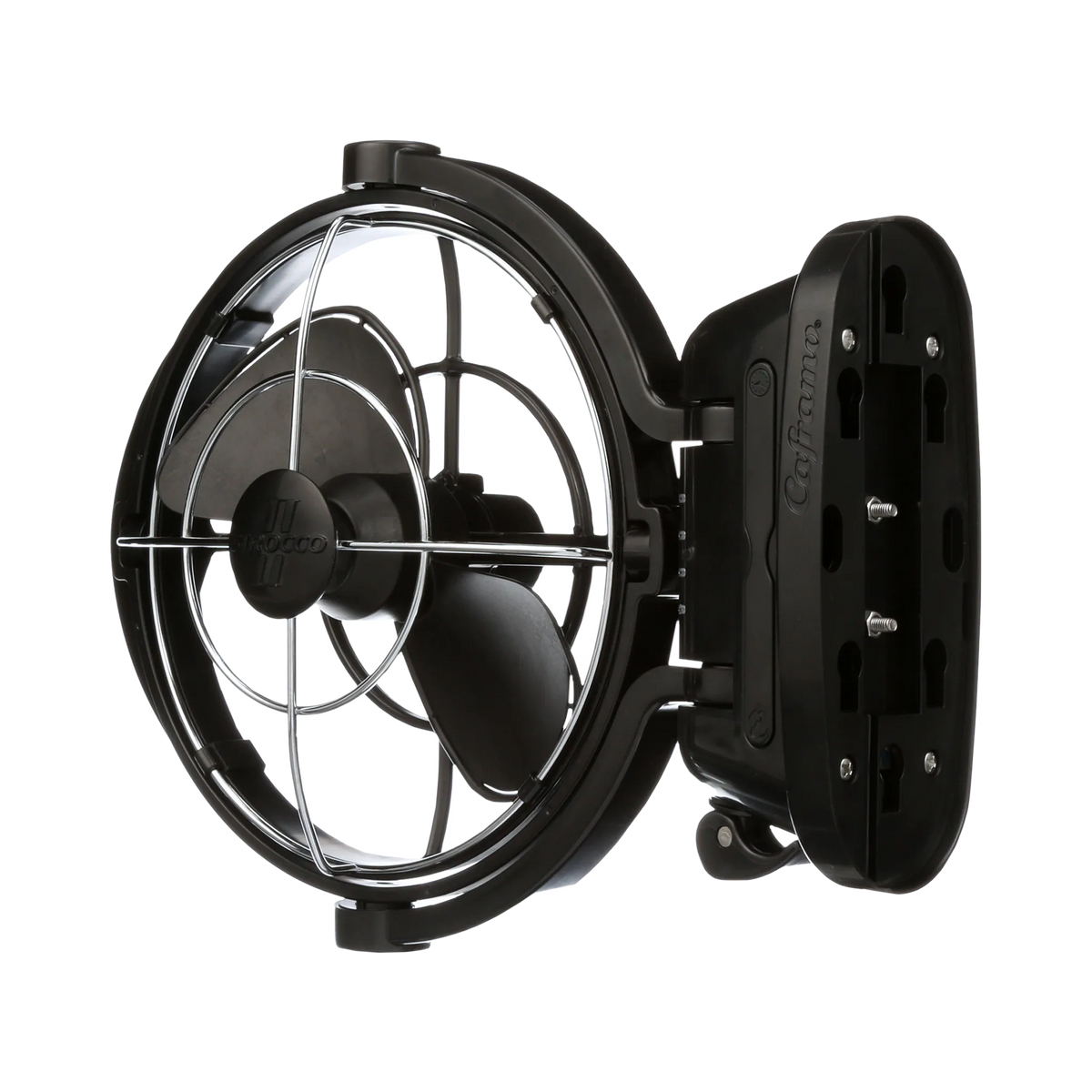 Black Caframo 12V Sirocco II fan angled view with the underside of the mounting base and screw holes visible.