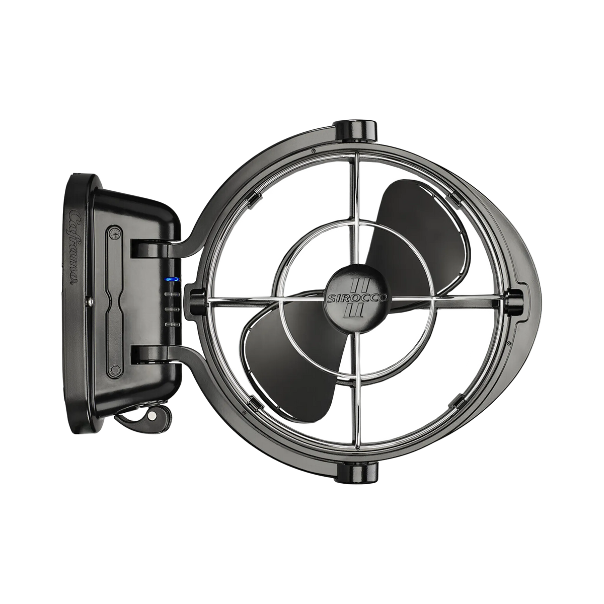 Black Caframo 12V Sirocco II fan front view with three blades, a wire guard and the mount on the left.