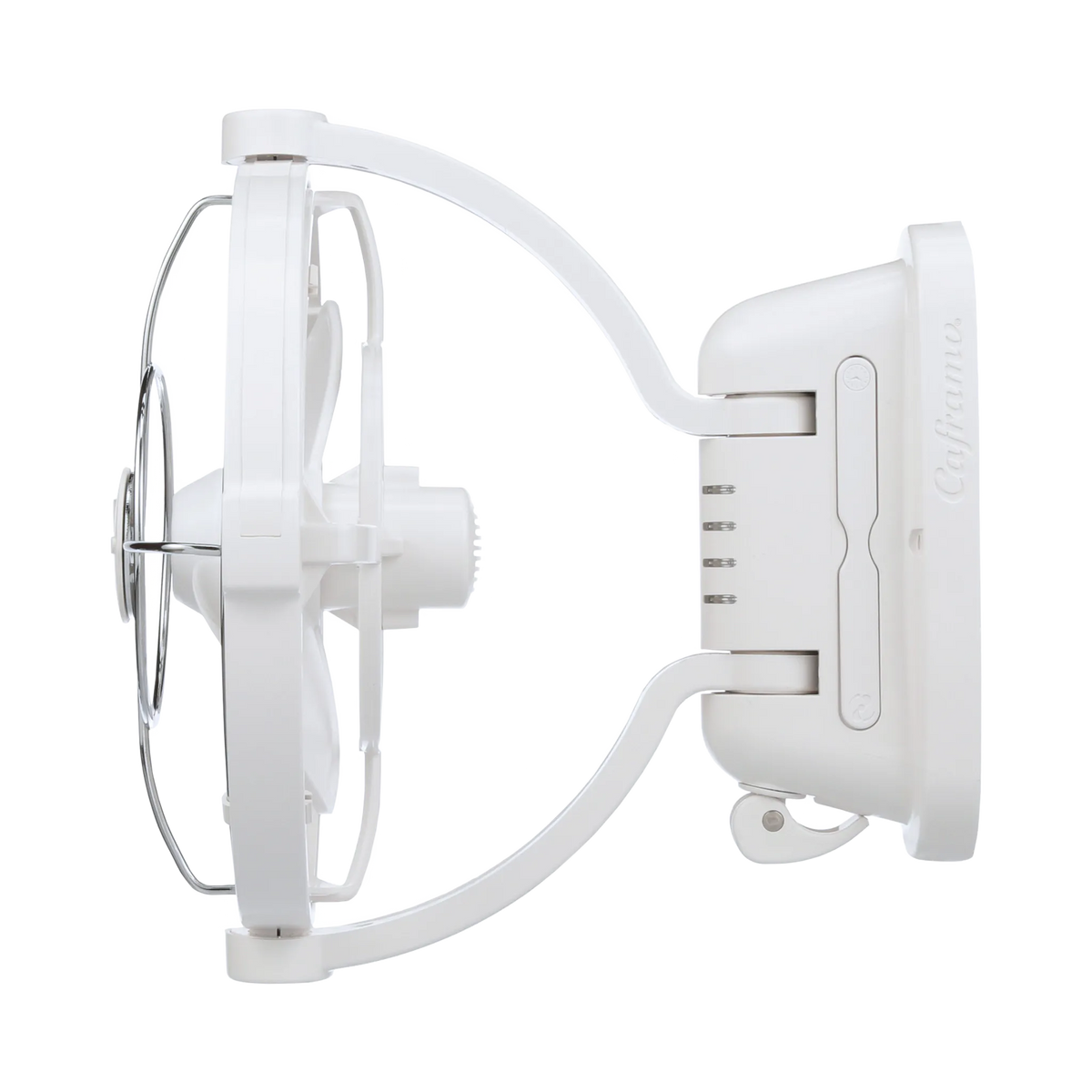 White Caframo 12V Sirocco II fan side view with the motor, wire guard and curved support frame.