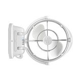 White Caframo 12V Sirocco II fan front view with three blades, a wire guard and the mount on the left.