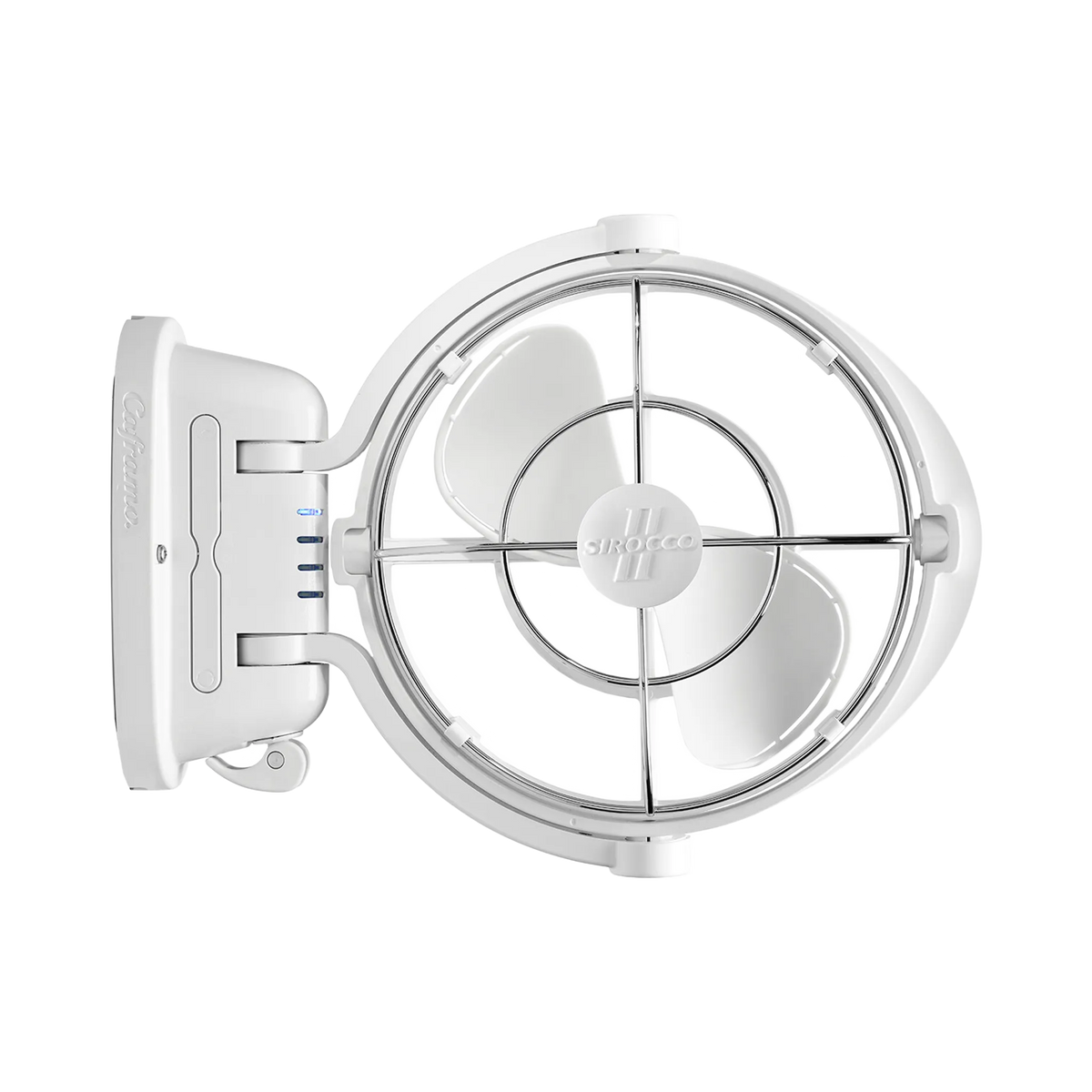 White Caframo 12V Sirocco II fan front view with three blades, a wire guard and the mount on the left.