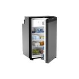 Dometic NRX 130 upright fridge open front view with stocked shelves and door.