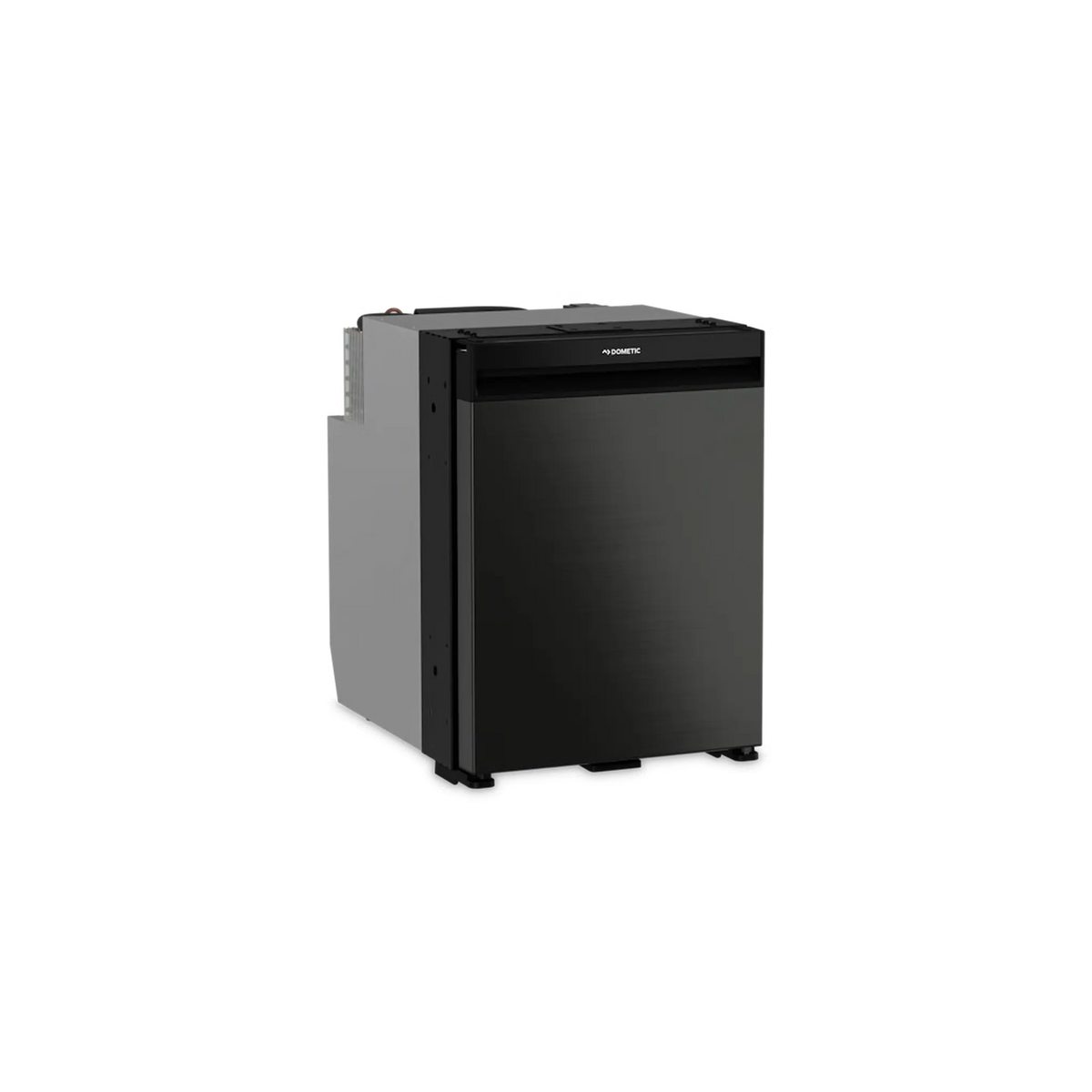 Dometic NRX 50 upright fridge closed front view with grey door and light grey side panel.