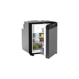 Dometic NRX 60 upright fridge open front view with food on the shelves and the grey door open.