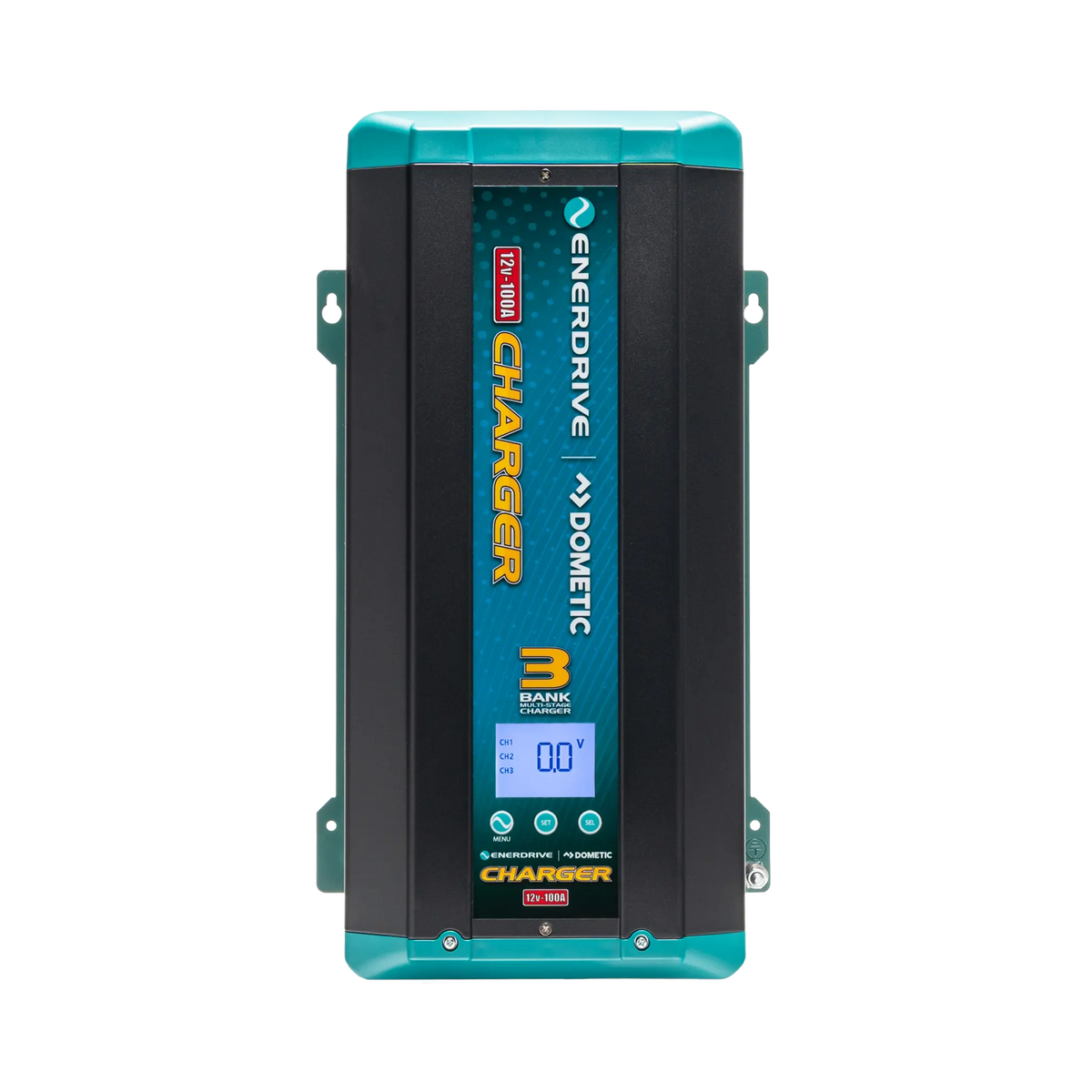 Enerdrive 100A 12V ePOWER battery charger front view with a backlit display and three control buttons.