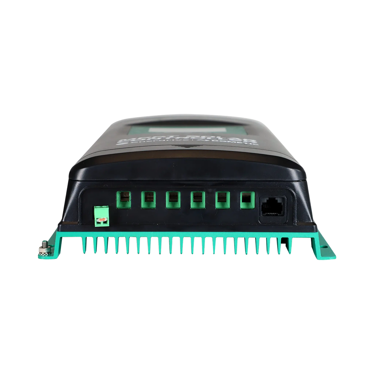 Enerdrive 10A 12/24V MPPT solar controller bottom view with connection terminals, a data port and cooling fins.