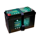 Enerdrive 125Ah 12V B-TEC G2 lithium battery in a front left view with a black strap across the green label.